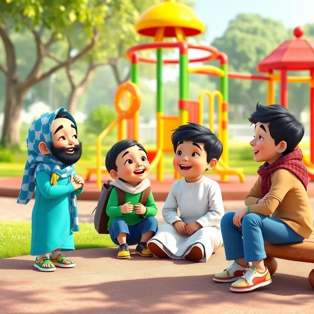 Sami playing in the park with his friends, they are laughing and talking about traffic rules, colorful playground equipment in the background, bright colors, cheerful scene, child-friendly