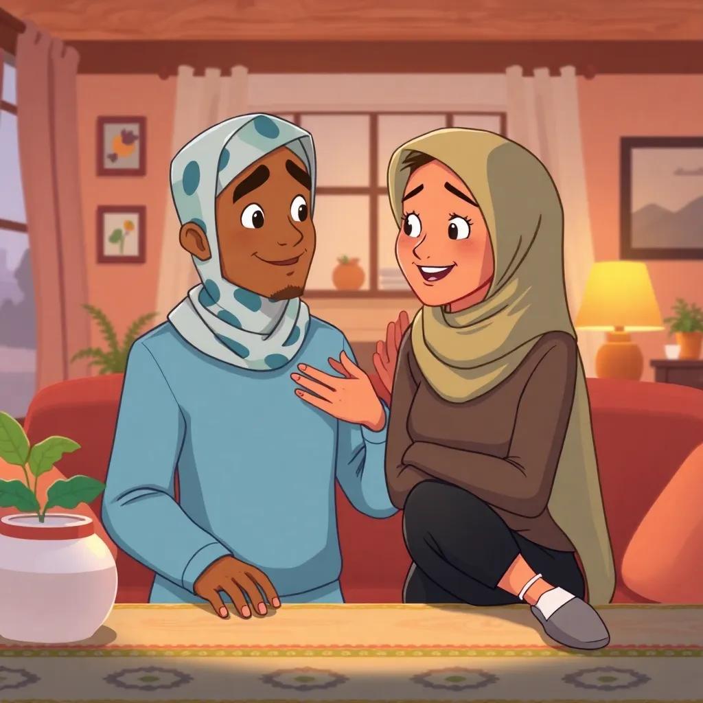 Sami telling his proud mother about what he learned at the safety center, they are in a cozy home setting with warm colors and inviting atmosphere, heartwarming moment, illustration