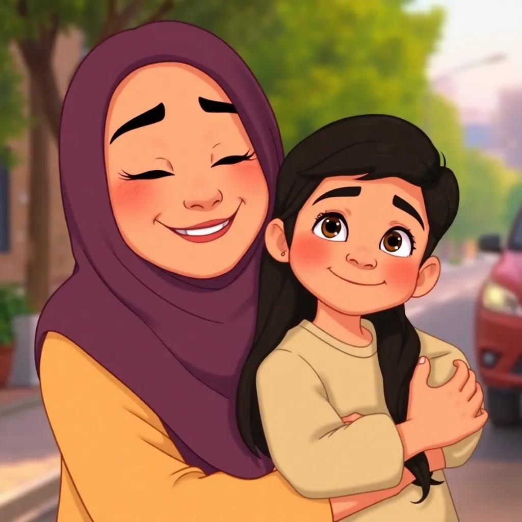 A proud mother, a young Arab woman with long dark hair, hugging Sami, who is sharing his traffic safety knowledge, loving and warm scene, harmonious colors, digital art, family-friendly