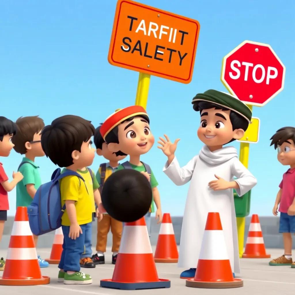 Sami, a young Arab boy, instructing other children about traffic safety with colorful signs and traffic cones around him, engaged group of children, fun and educational scene, bright colors, interactive setting