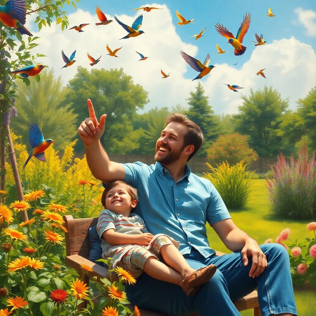 A father sitting in a sunny garden with his son, smiling and pointing to the sky where colorful birds are flying, in beautiful nature, bright colors, inviting atmosphere, high quality