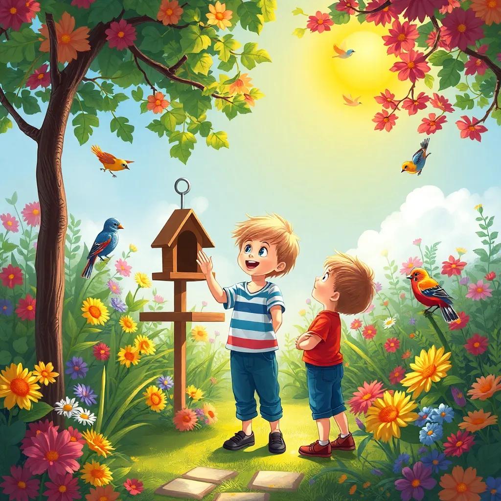 A young boy standing excitedly in a colorful garden, looking at a bird feeder he set up, surrounded by birds and sunlight, feeling joy and inspiration, cheerful illustration, child-friendly, high quality