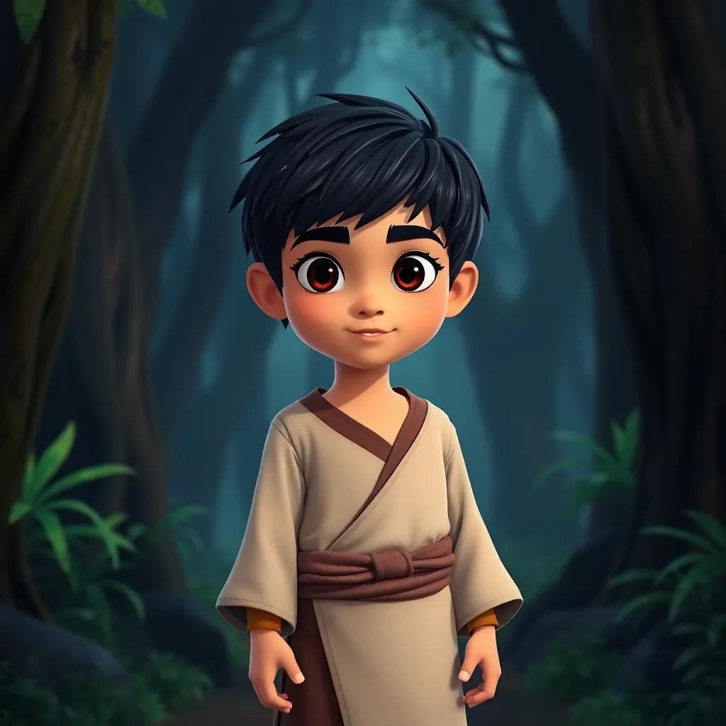 A young Arab boy, Leila, with short black hair, wearing a simple tunic and trousers, standing confidently at the entrance of a dark forest, determined look, digital art, vibrant colors, adventurous atmosphere, high quality