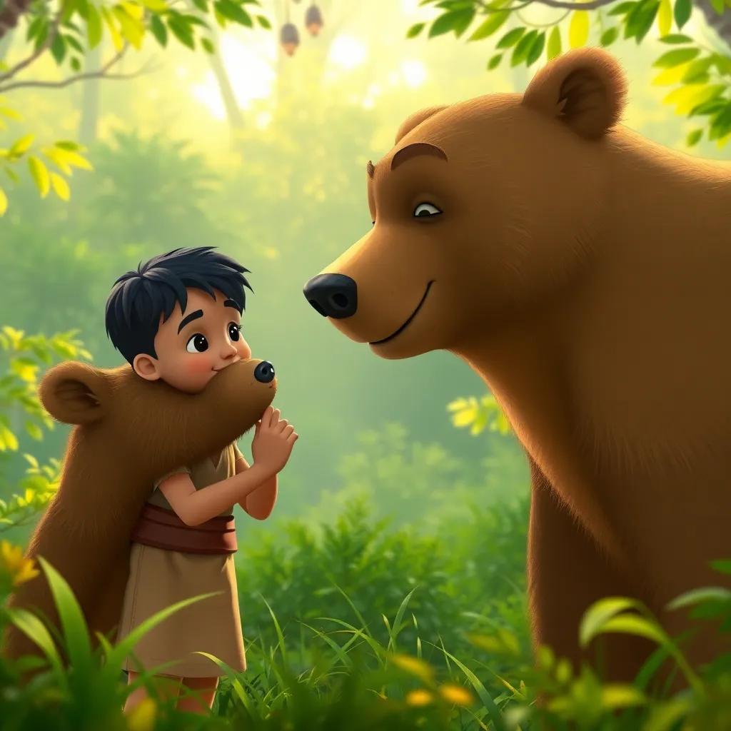 A young Arab boy, Leila, with short black hair, in a simple tunic, feeding a large bear with a gentle smile, in a lush green forest setting, warm light, child-friendly, high quality