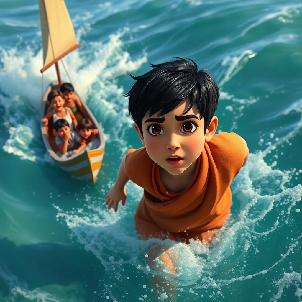 A young Arab boy, Leila, with short black hair, in a tunic, swimming bravely towards a small boat with frightened children, rushing water around him, courageously depicted, dynamic scene, bright colors, high quality