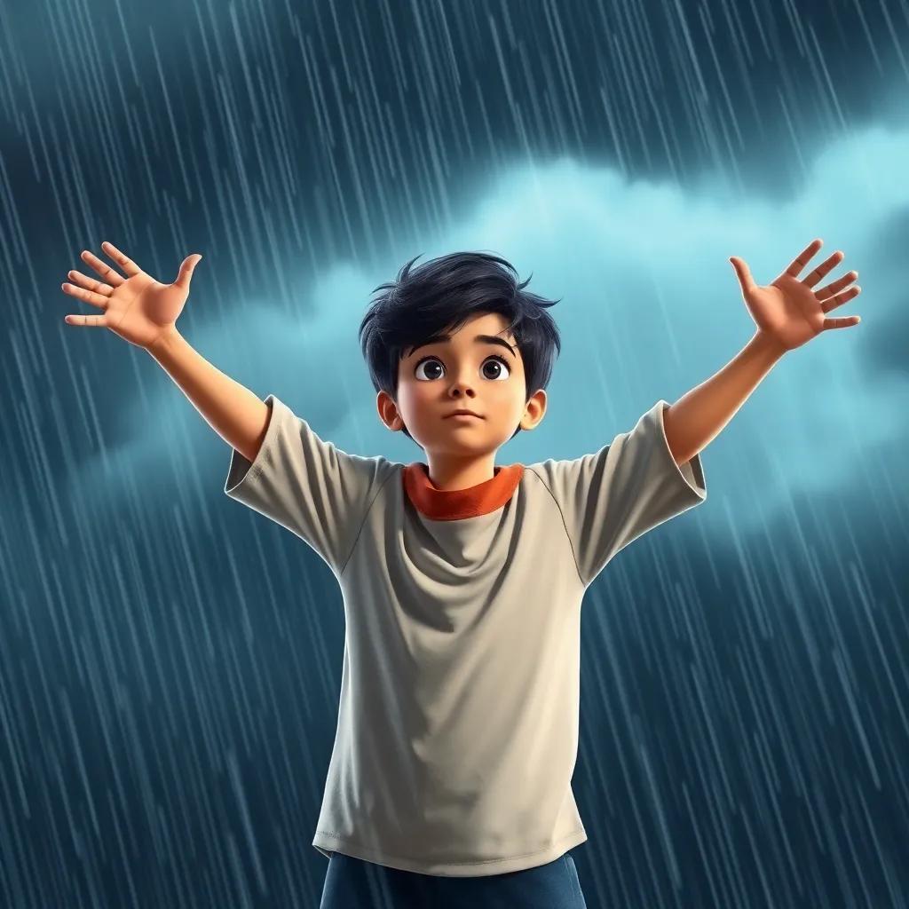 A young Arab boy, Leila, with short black hair, standing strong against a strong wind and rain, arms spread wide as he faces the storm, dramatic lighting, heroic pose, colorful, high quality