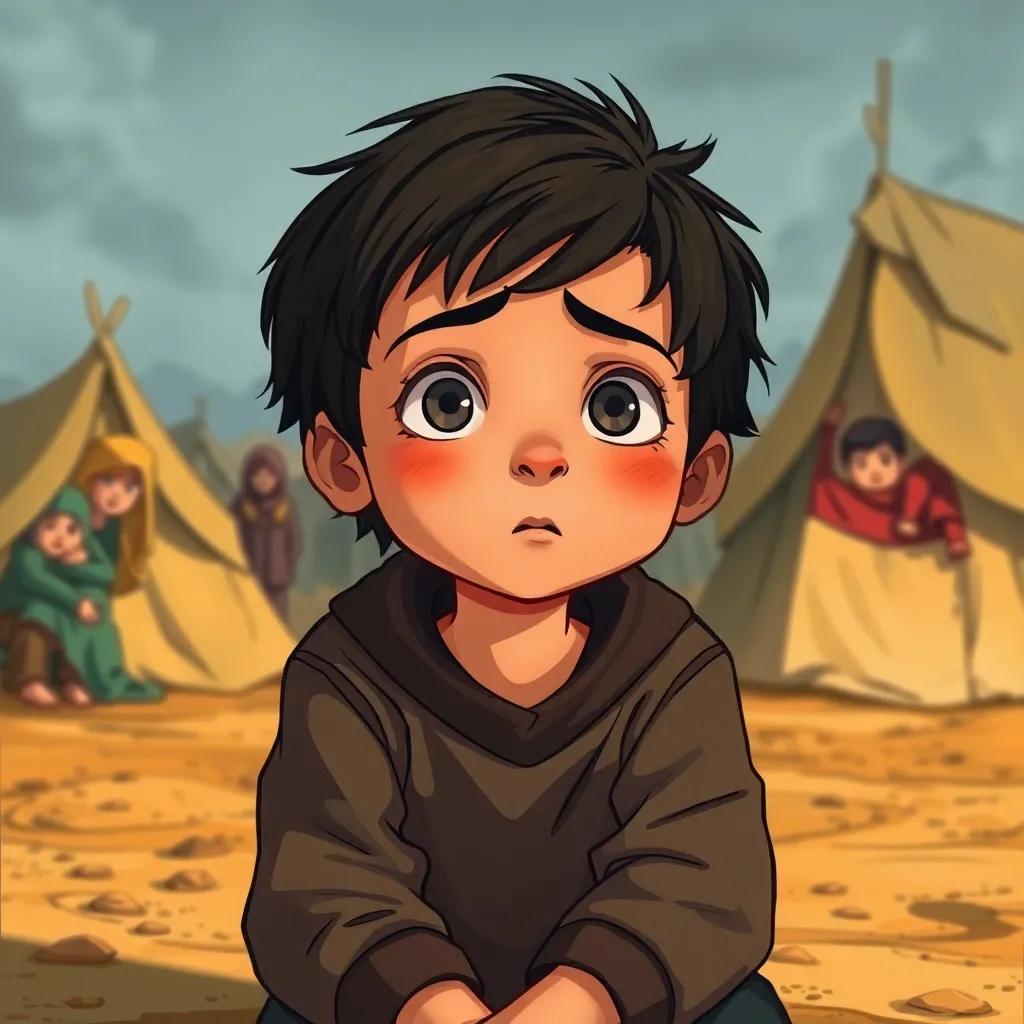 Samer, a young boy with dark hair, sitting in a refugee camp with makeshift tents and worried faces around, expressing determination as he dreams of going home, illustration, emotional, realistic, child-friendly