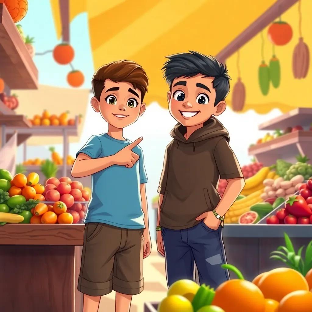 Two young boys, Ali and Ahmed, standing at a market stall, pointing at a kind-looking vendor, wearing casual clothes, surrounded by colorful fruits and vegetables, bright sunlight, happy expressions, detailed illustration, warm colors, cheerful scene, high quality