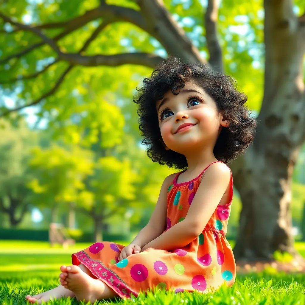 A small girl, Leila, with curly dark hair, wearing a colorful dress, sitting under a big tree in a green park, looking up at the sky with a curious expression, digital art, bright colors, cheerful atmosphere, high quality