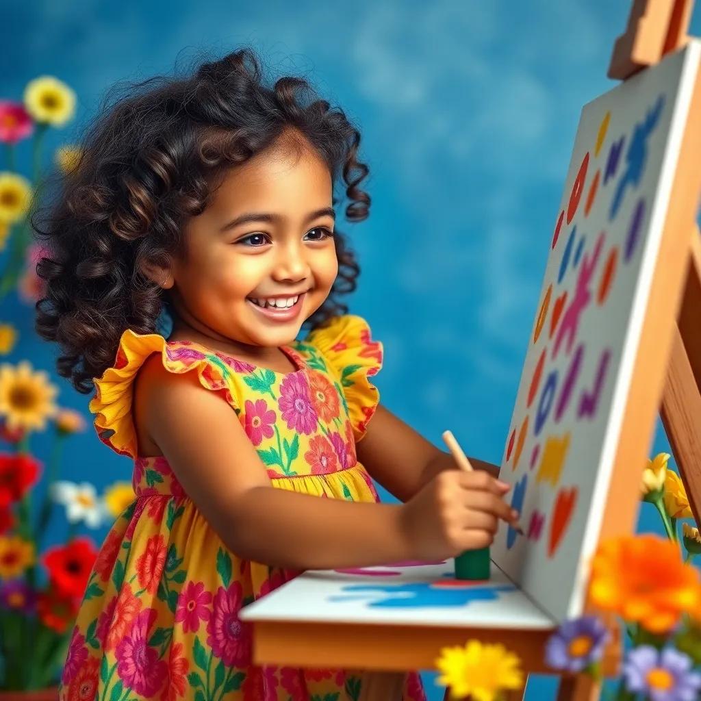 Leila, a small girl with curly dark hair in a colorful dress, joyfully painting on a canvas with a blue background and colorful flowers around, vibrant and lively, child-friendly, heartwarming scene