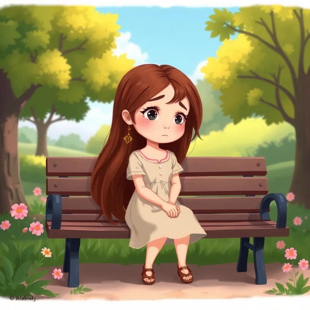 A young girl, Leila, with long brown hair, wearing a simple dress, sitting on a park bench, looking thoughtful and sad, surrounded by a beautiful landscape with trees and flowers, digital art, soft colors, serene atmosphere, high quality