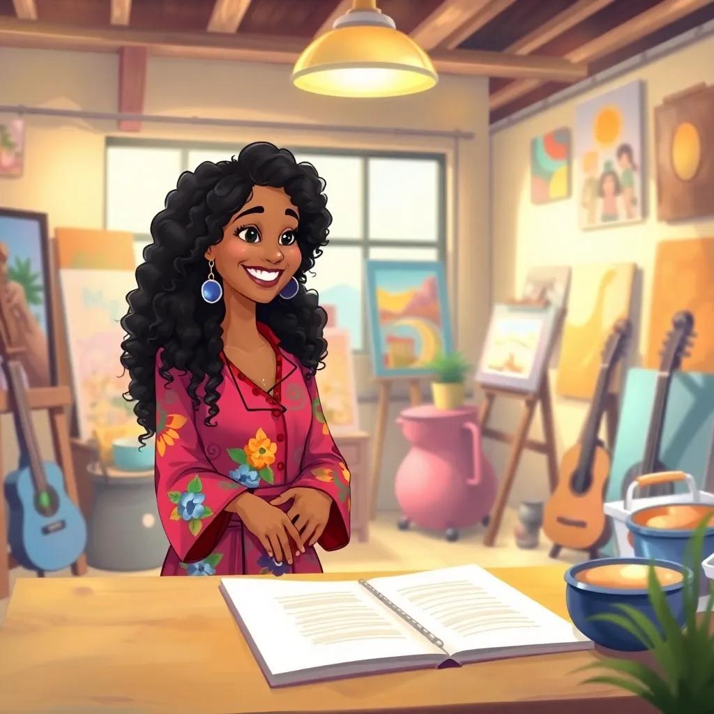 Dr. Jamila, a woman with curly black hair, wearing colorful artistic clothes, smiling as she talks to Leila, in a vibrant art studio filled with paintings and music instruments, bright light, warm colors, joyful environment, high quality