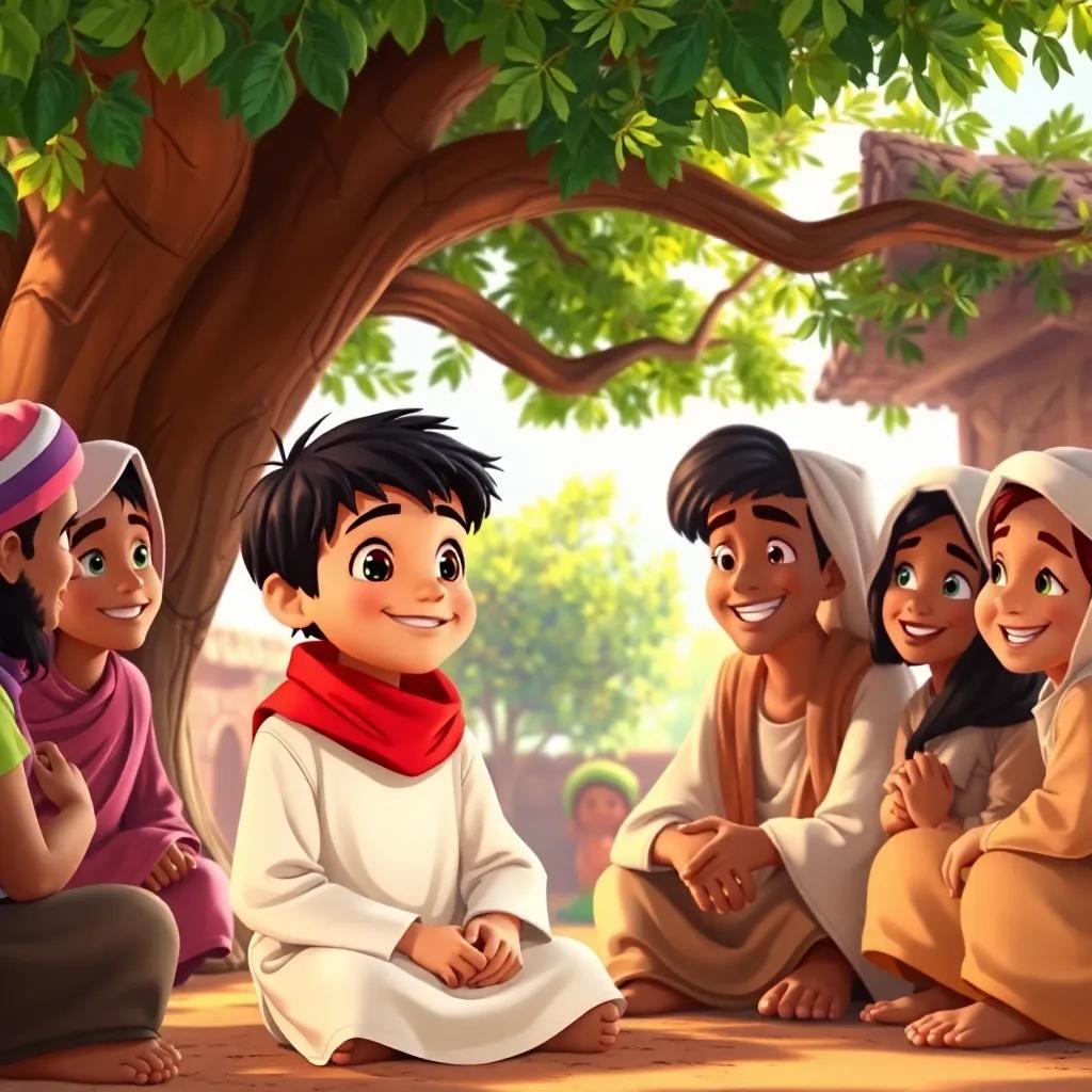 A young Arab boy, Omar, with short black hair, wearing a simple white thobe and a red scarf, sitting under a big tree talking to smiling villagers, colorful, cheerful atmosphere, child-friendly, vibrant colors, inviting ambiance, high quality