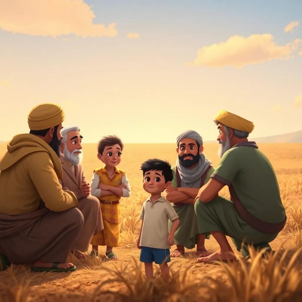 A group of farmers discussing around Omar, the young boy, with a dry field in the background, hoping to find a solution, bright sky, warm light, engaging scene, child-friendly, digital art