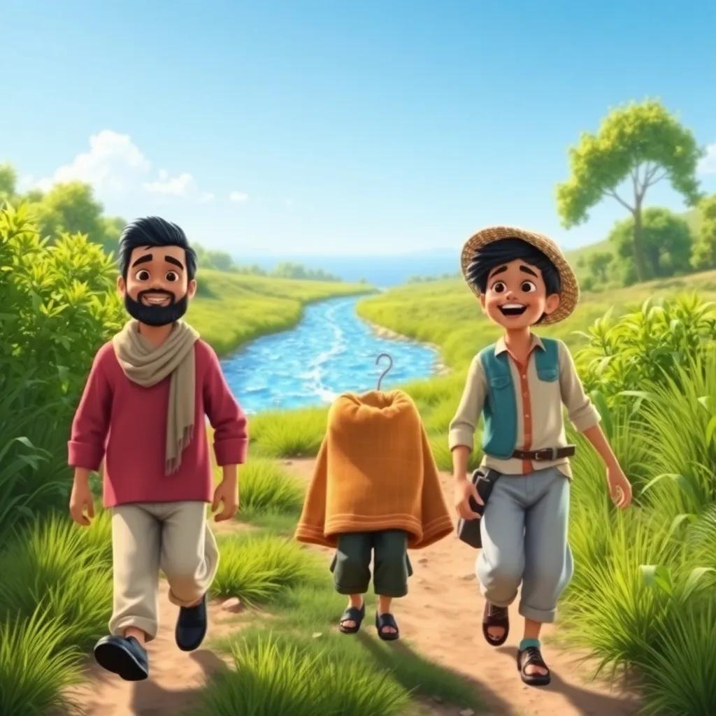 Omar and farmers walking towards a sparkling river, showing excitement and hope, surrounded by greenery, clear blue sky, joyful moment, child-friendly, vibrant colors, high quality