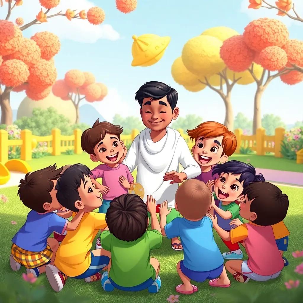Children gathering around Omar, playing a fun game, laughing and smiling, colorful playground with trees and flowers, joyful atmosphere, child-friendly, bright colors, high quality