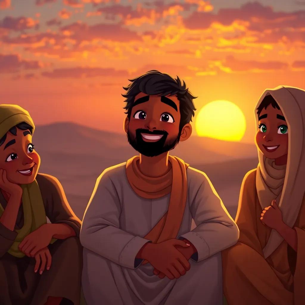 Omar sitting with happy villagers, smiling and enjoying the sunset, feeling grateful, rich colors, warm light, heartwarming moment, child-friendly, uplifting imagery
