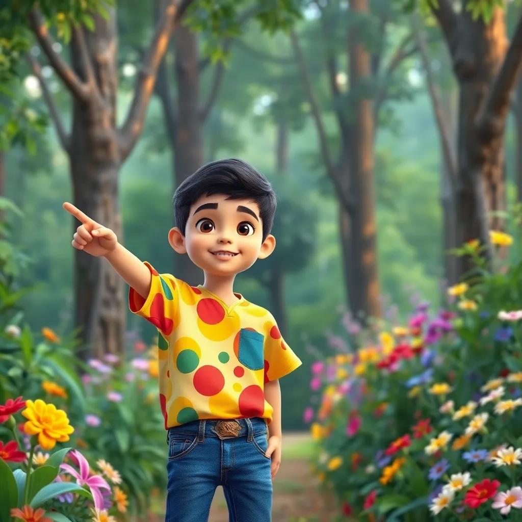 A young Arab boy, Sami, with short black hair, wearing a colorful shirt and jeans, pointing excitedly at a forest, surrounded by lush greenery and colorful flowers, cheerful atmosphere, digital art, vibrant colors, child-friendly, high quality