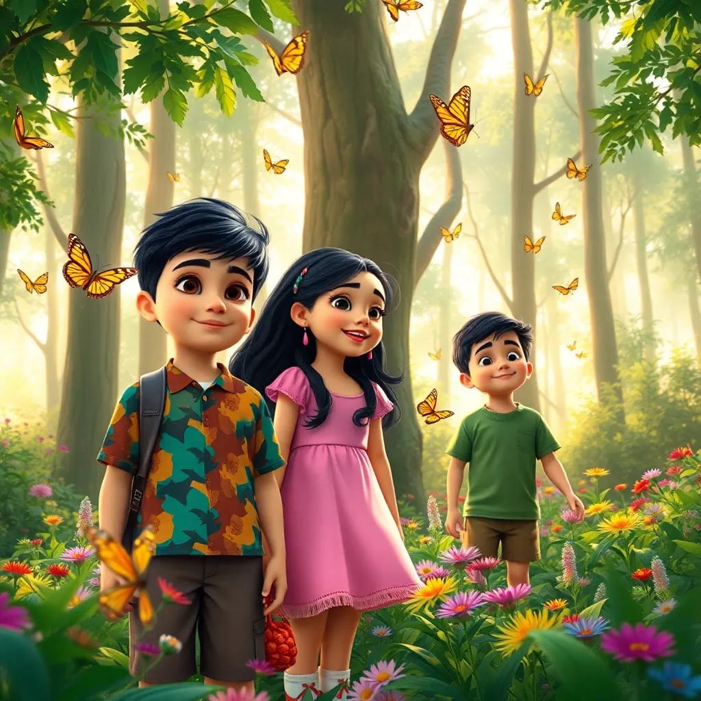 A group of children in a beautiful forest, including Sami, a young Arab boy, with short black hair in a colorful shirt, Meryam with long black hair in a pink dress, and Ali in a green shirt, playing with butterflies amongst tall trees and vibrant flowers, adventurous spirit, warm sunlight filtering through leaves, high quality