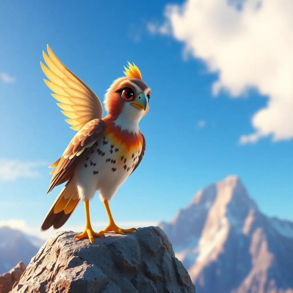 A small falcon, Rami, with bright feathers and eager eyes, standing on a high mountain peak with a beautiful blue sky, digital art, vivid colors, inspiring atmosphere, high quality