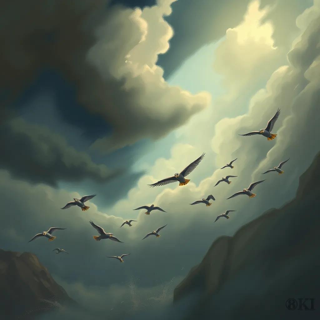 A stormy day with dark clouds and strong winds, Rami, the small falcon, courageously leading a flock of birds through the harsh weather, dynamic painting, dramatic and inspiring scene, uplifting