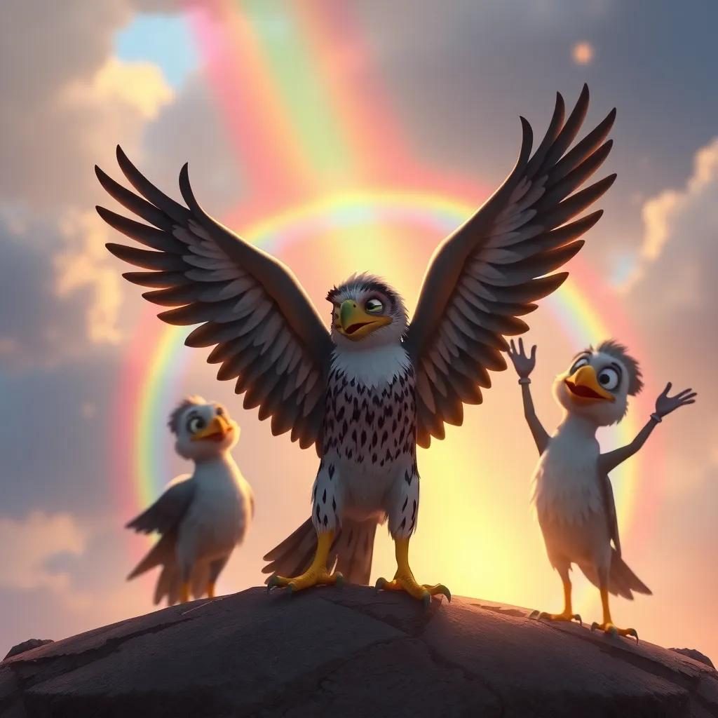 Rami, the small falcon, and his friends celebrating their success after overcoming the storm, colorful rainbow in the background, joyful atmosphere, warm lighting, heartwarming moment