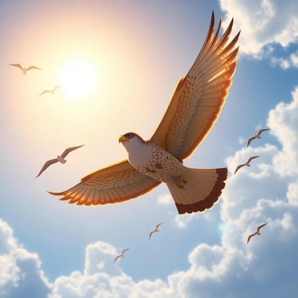 Rami the falcon now soaring high in the sky with confidence, leading a group of birds, sun shining brightly, symbolizing bravery and unity, beautiful digital painting, inspirational and uplifting imagery
