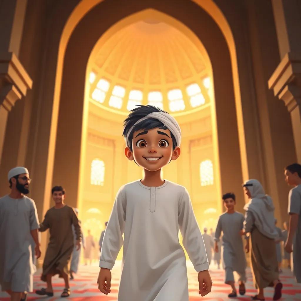 Ali, a young Muslim boy with short black hair in a traditional thobe and white turban, entering a beautiful mosque with a large dome, surrounded by friends, flowing with excitement, warm light, inviting scene, community atmosphere, detailed digital art