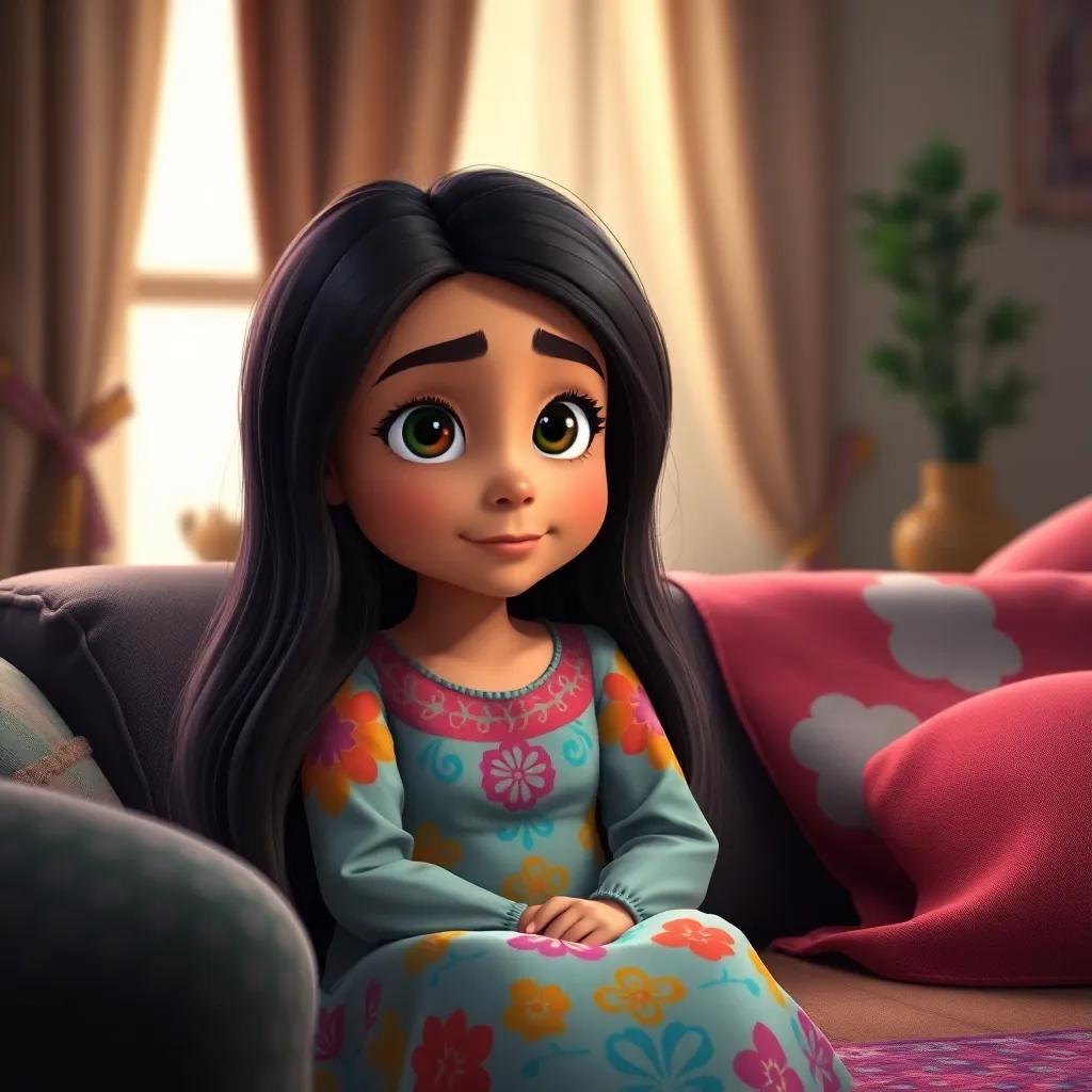 A young Arab girl, Fatima, with long dark hair, wearing a colorful dress, sitting at home with her mother, asking questions about prayer with a curious expression, cozy interior, warm light, engaging atmosphere, child-friendly digital art.