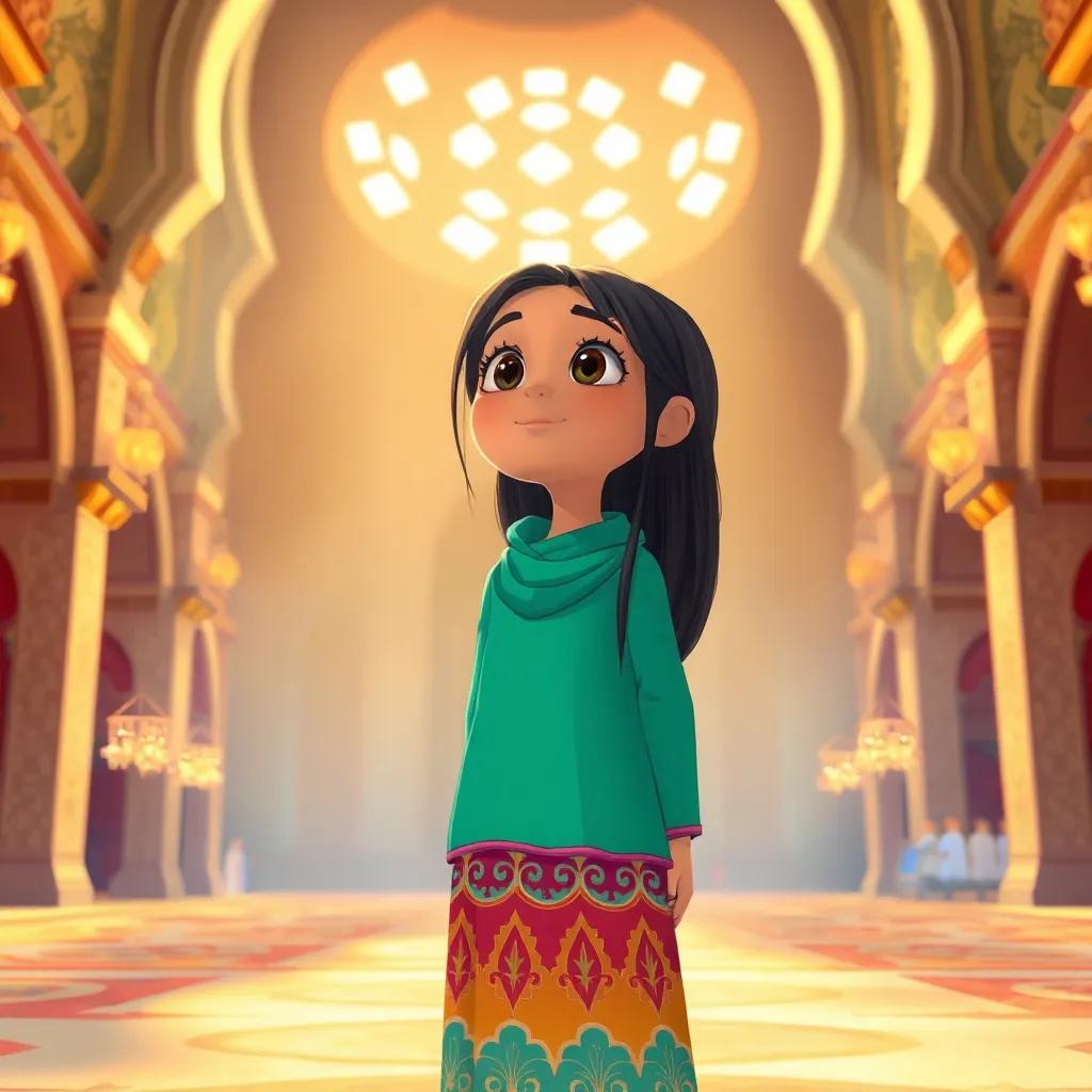 Fatima, a young Arab girl, with long dark hair, wearing a colorful dress, standing in a sunlit mosque, looking amazed at the sparkling lights and the scent of incense, vibrant surroundings, welcoming environment, soft color palette, illustration.