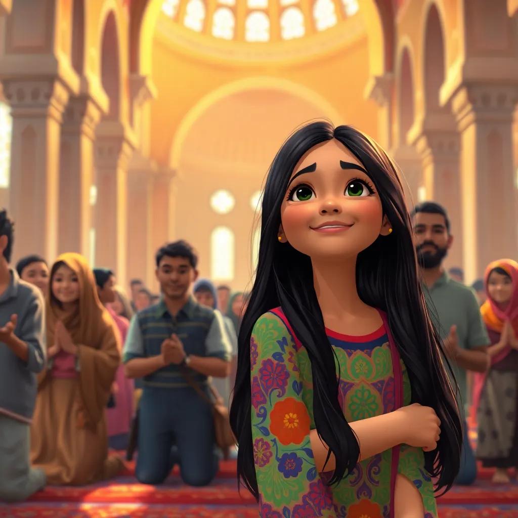 In the mosque, Fatima, a young Arab girl with long dark hair, wearing a colorful dress, watching people pray calmly, feeling peaceful and bright, joyful expressions on people’s faces, detailed digital painting, warm and rich colors.