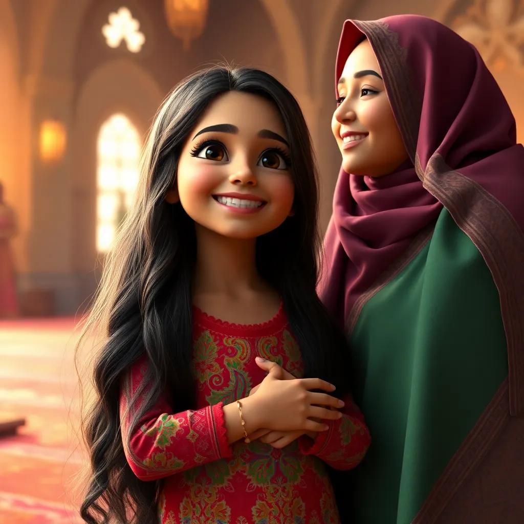 Fatima, a young Arab girl with long dark hair, in a colorful dress, standing proudly during her first prayer with her mother, feeling joy and excitement, warm light, intimate atmosphere, digital art with intricate details.