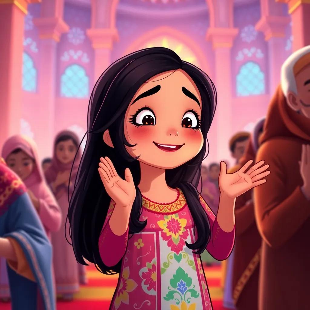 Fatima, a young Arab girl with long dark hair in a colorful dress, joyfully praying, beside other worshippers, hands raised with peace in her eyes, vibrant mosque background, glowing ambiance, heartfelt illustration.