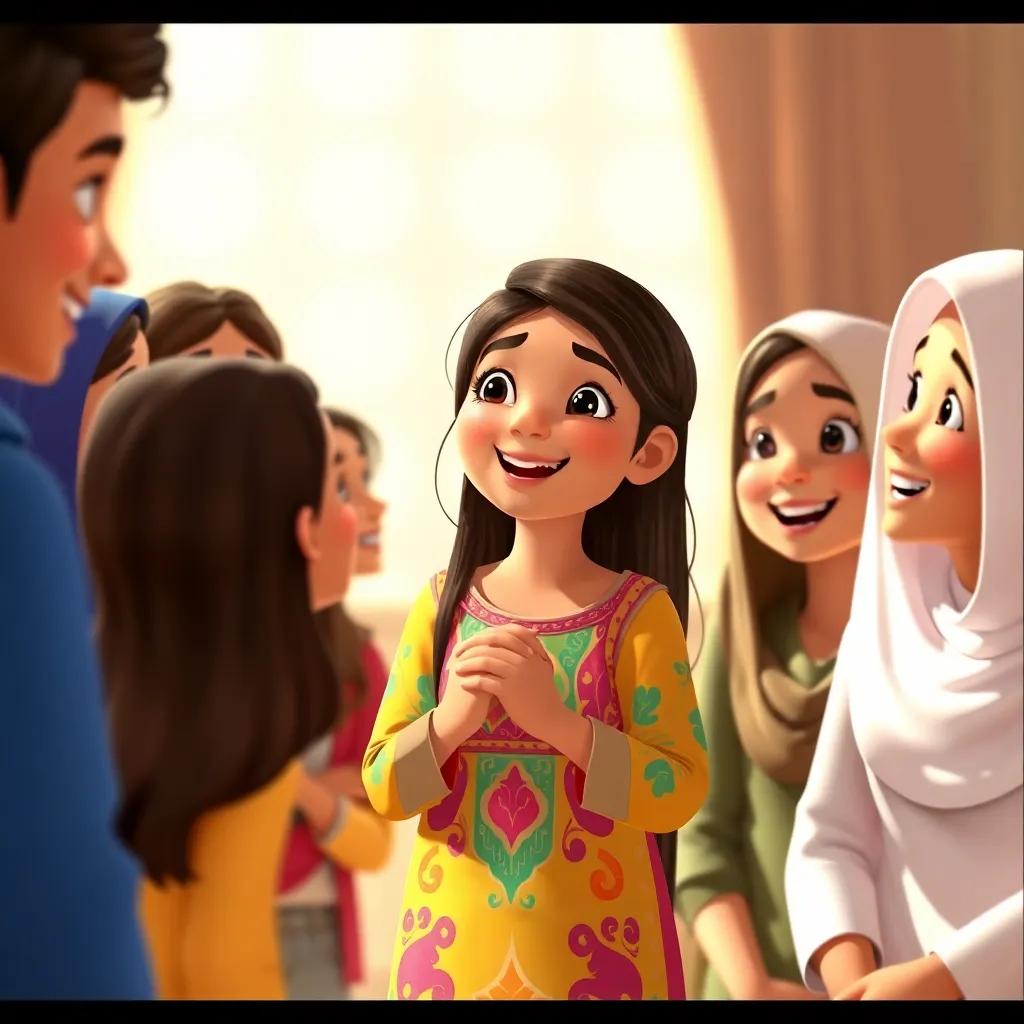 Fatima, a young Arab girl with long dark hair, wearing a colorful dress, sharing her joy of prayer with her friends, all listening attentively, warm light, smiling faces, friendly atmosphere, cheerful digital art.