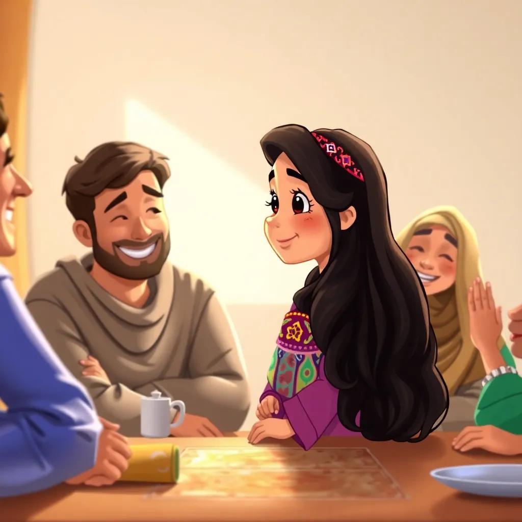 Fatima, a young Arab girl with long dark hair, wearing a colorful dress, sharing with her family about prayer, lively discussion around the table, warm and inviting light, joyful expressions, quality illustration.