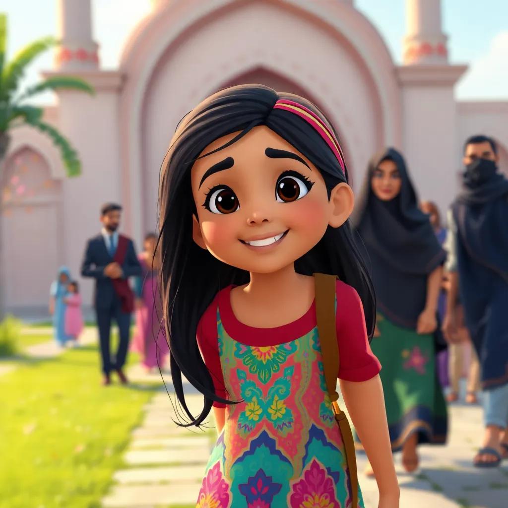 Fatima, a young Arab girl with long dark hair in a colorful dress, joyfully returning to the mosque with her family, vibrant surroundings and anticipation in the air, engaging atmosphere, heartwarming digital art.