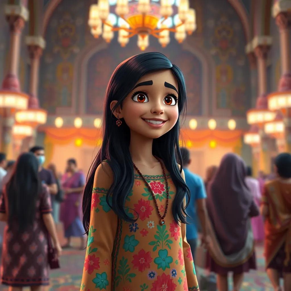 Fatima, a young Arab girl with long dark hair, in a colorful dress, happily involved in a community activity in the mosque, lively interaction with people, colorful lights, lively environment, high-quality digital art.