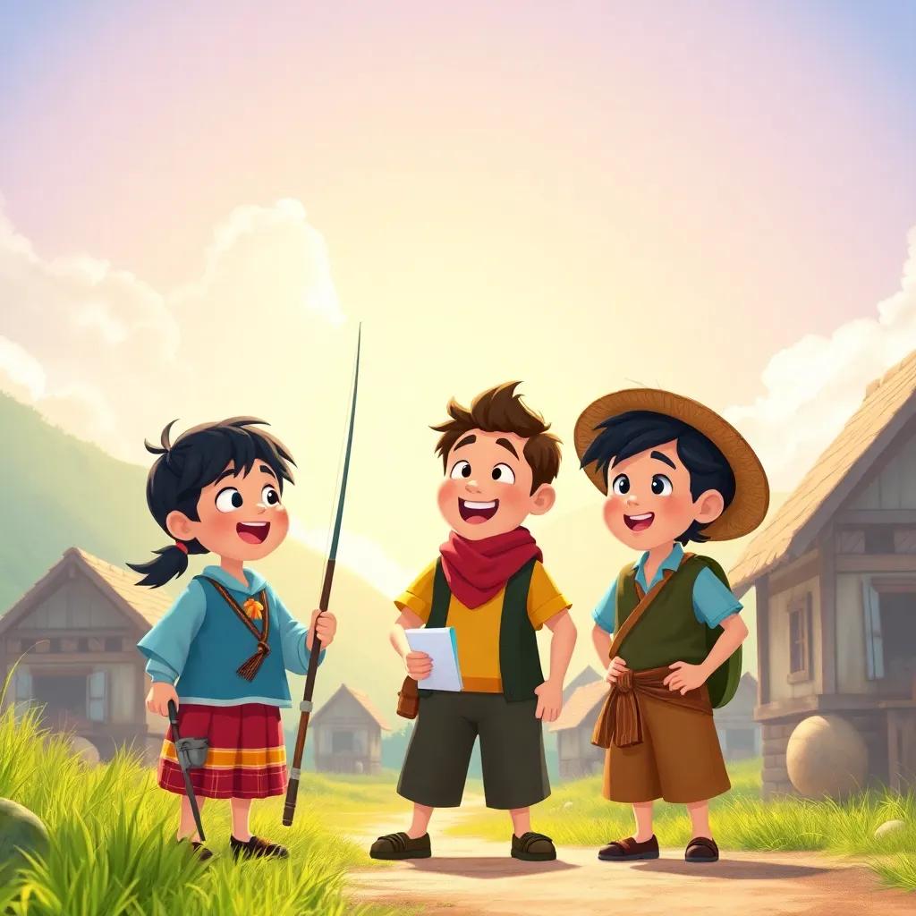 A group of three friends in a small village, excitedly planning a fishing trip, under a bright sunny sky, traditional clothing, cheerful atmosphere, digital art, vibrant colors, warm light