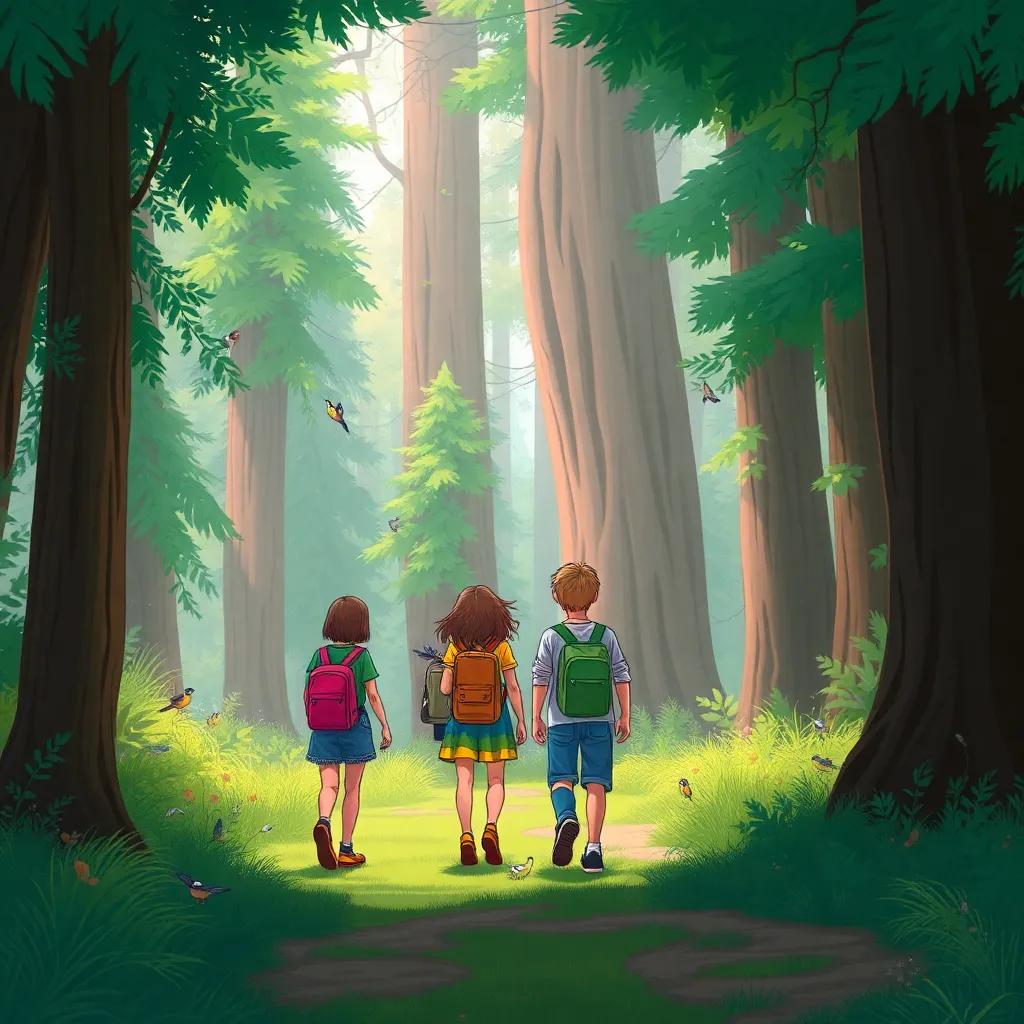 The friends walking into a lush forest, tall trees surrounding them, little birds chirping, a sense of adventure, illustration, colorful, inviting