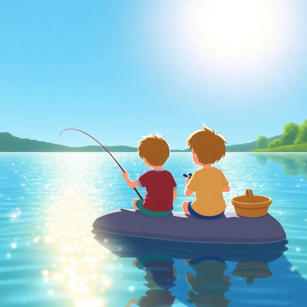 A sparkling lake with the sun reflecting off the water, the friends casting their fishing lines excitedly, bright blue sky, peaceful scene, child-friendly illustration, cheerful