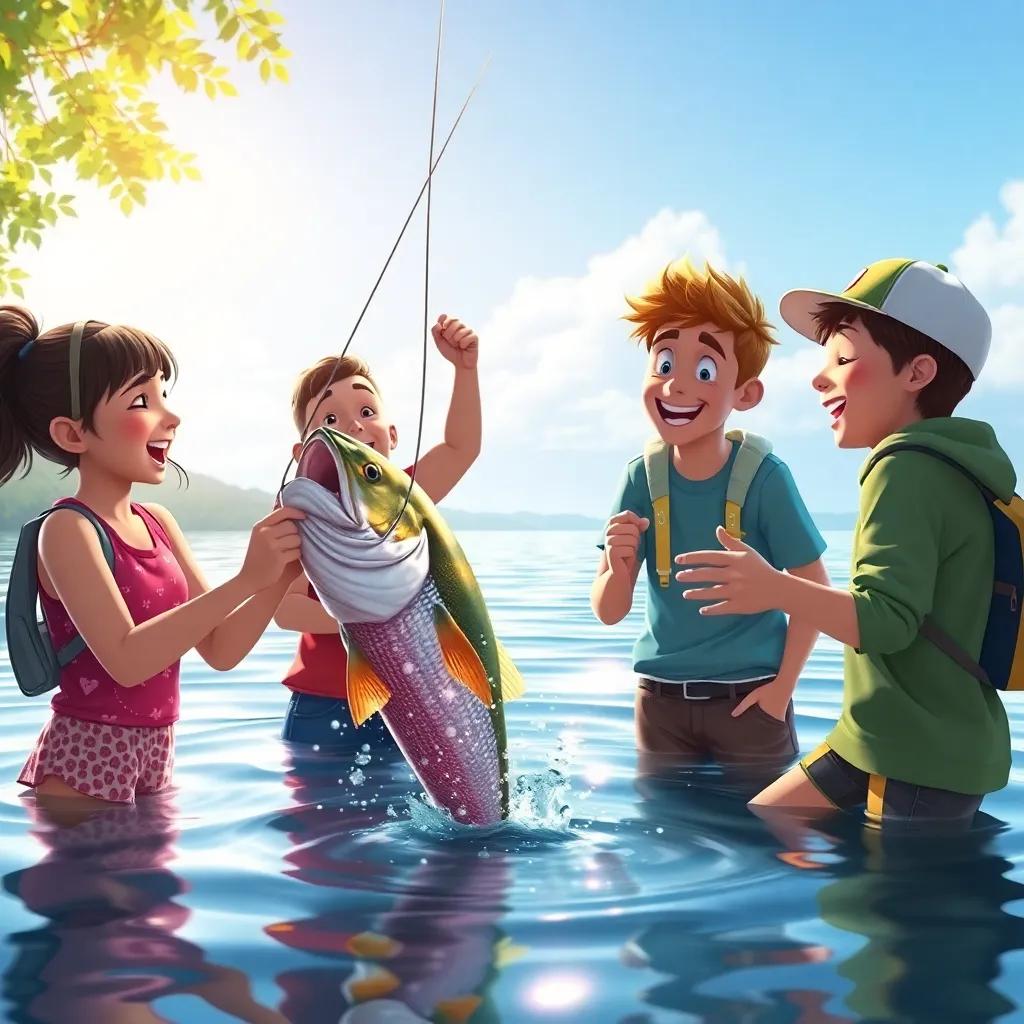 A joyful moment of one friend pulling a large fish from the lake, excitement on their faces, the other friends gathering around happily, vibrant colors, bright atmosphere