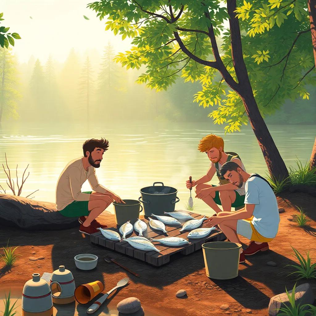 The friends preparing the fish on the shore of the lake, sunlight filtering through the trees, a sense of camaraderie, warm colors, environmental illustration, engaging