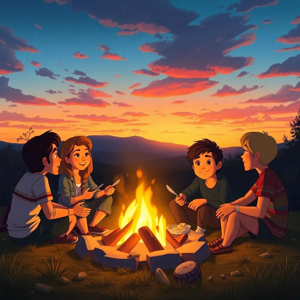 A beautiful sunset as the friends sit around the campfire, sharing a meal, glowing flames, warm light, safe and cozy atmosphere, illustrative