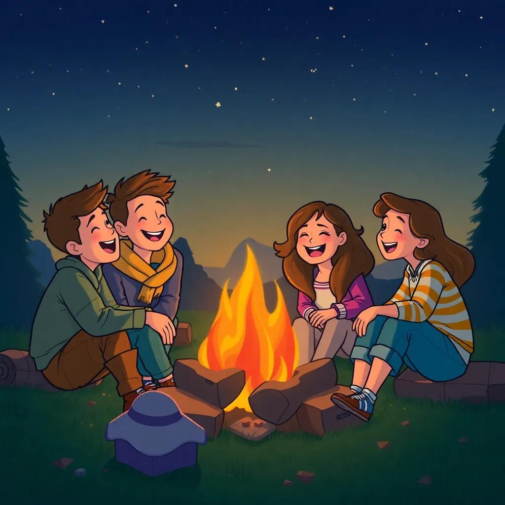 The friends celebrating their day by the campfire, laughter and joy on their faces, surrounding the glowing fire, evening sky filled with stars, inviting illustration