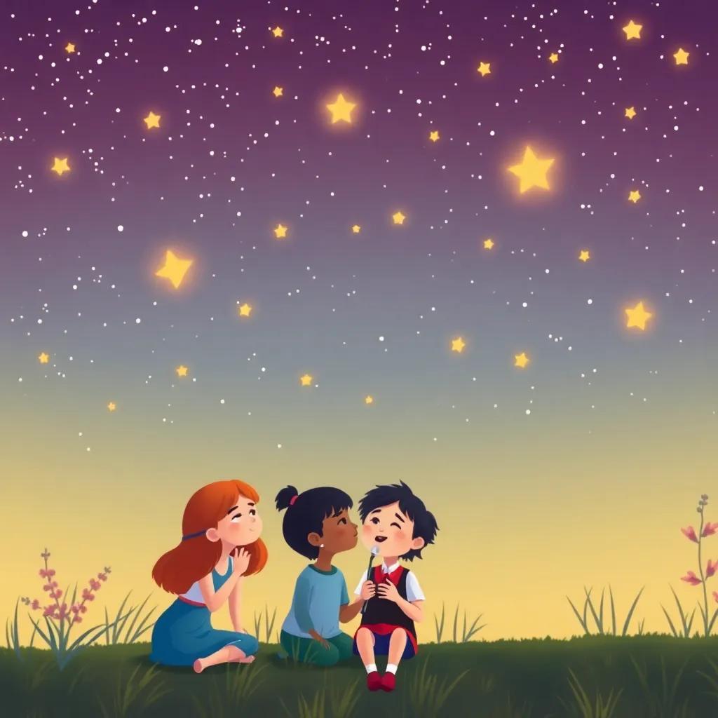 The starry night sky above the friends as they sing their favorite songs, a peaceful end to their perfect day, vibrant colors, artistic way, child-friendly