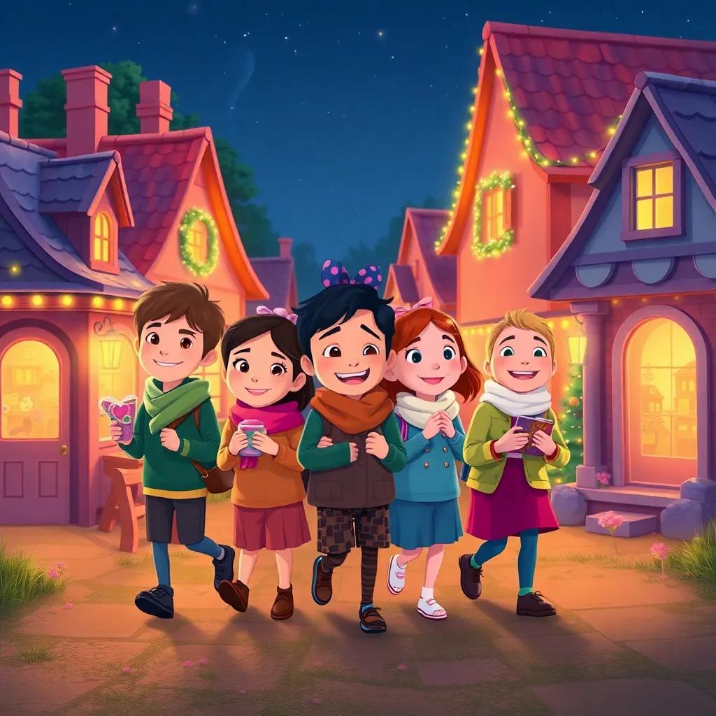 The friends returning happily to their village, carrying memories, decorated houses, warm light, joyful atmosphere, colorful illustration