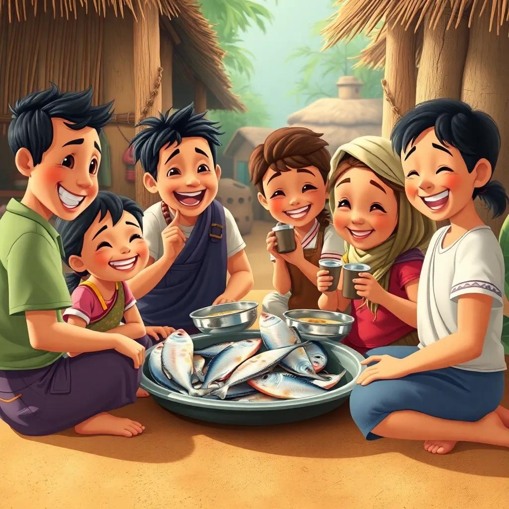The friends in their village, sharing the cooked fish with their families, joy and happiness around, child-friendly environment, warm colors, community spirit
