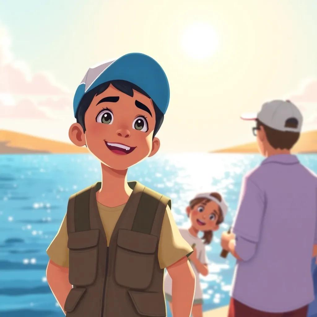 A young Arab boy, Sami, with short black hair wearing a cap and a fishing vest, excitedly talking to his friends by a shimmering lake under a bright sun, illustration, cheerful, vibrant colors, summer vibe, warm atmosphere, high quality