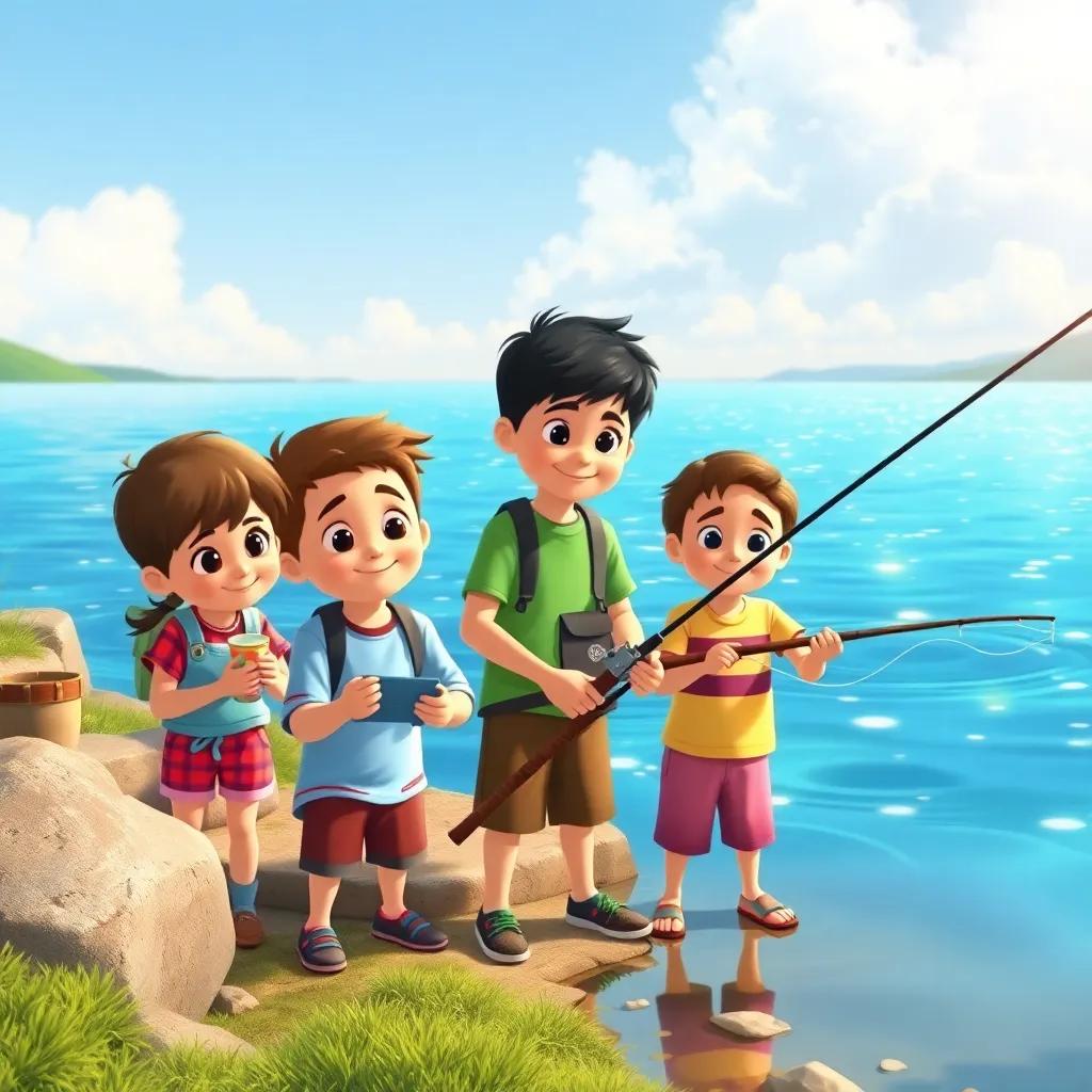 A group of children, including Sami and his friends, preparing fishing rods by the lake, with bright blue waters reflecting the sunlight, illustration, outdoor fun, lively colors, engaging atmosphere, child-friendly