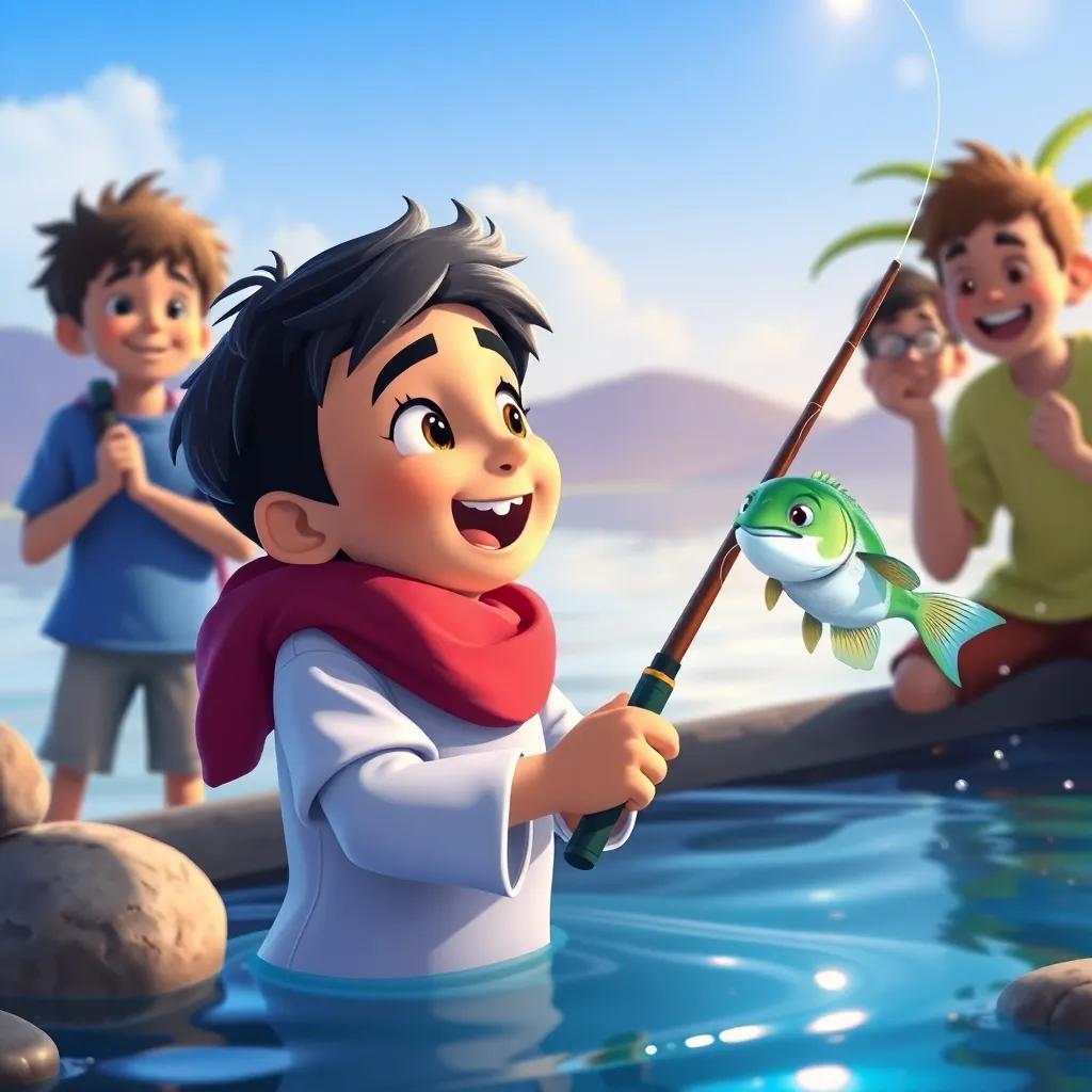 Sami, a young Arab boy, with short black hair and a fishing rod, gets excited as a fish bites, while his friends cheer him on by the lakeside, digital art, action-packed, bright colors, joyful atmosphere, high quality